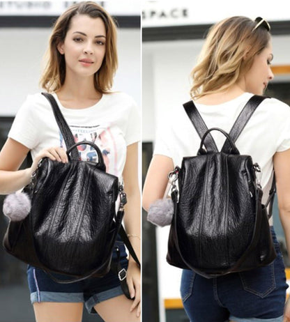 myfriday Vintage Faux Leather Backpack for Women, Soft Rucksack Backpack with Anti-Theft Pocket Convertible Shoulder Handbag (Black)