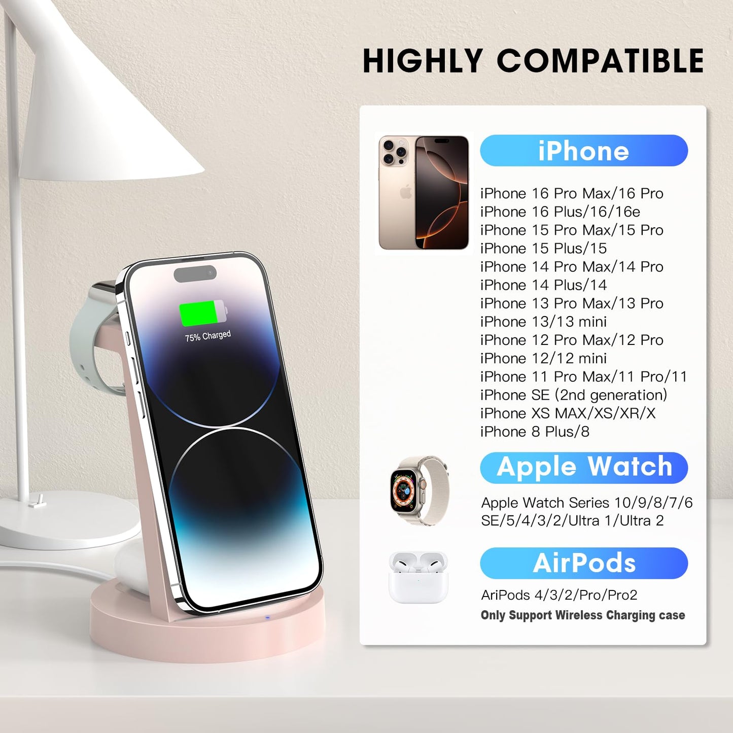 3 in 1 Charging Station for iPhone, Wireless Charger for iPhone 17 16e 16 15 14 13 12 11 X Pro Max & Apple Watch - Wireless Charging Station for AirPods 4 3 Pro