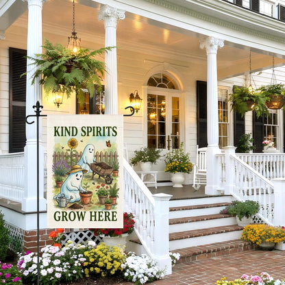 WHTYEFZ Kind Spirits Grow Here Garden Flag, Halloween Ghost Gardening Decor, 12 x 18 Inch Double Sided Cute Floral Planting Yard Flag, Halloween Gifts for Gardener Neighbor Friend Family Plant Lover