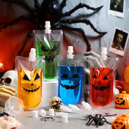 Widecook 28 Pcs Halloween Drink Pouches Reusable Pumpkin Blood Bags for Drinks Plastic Flasks with Funnels Juice Cups Pouches for Halloween Party Prop Decoration Favor