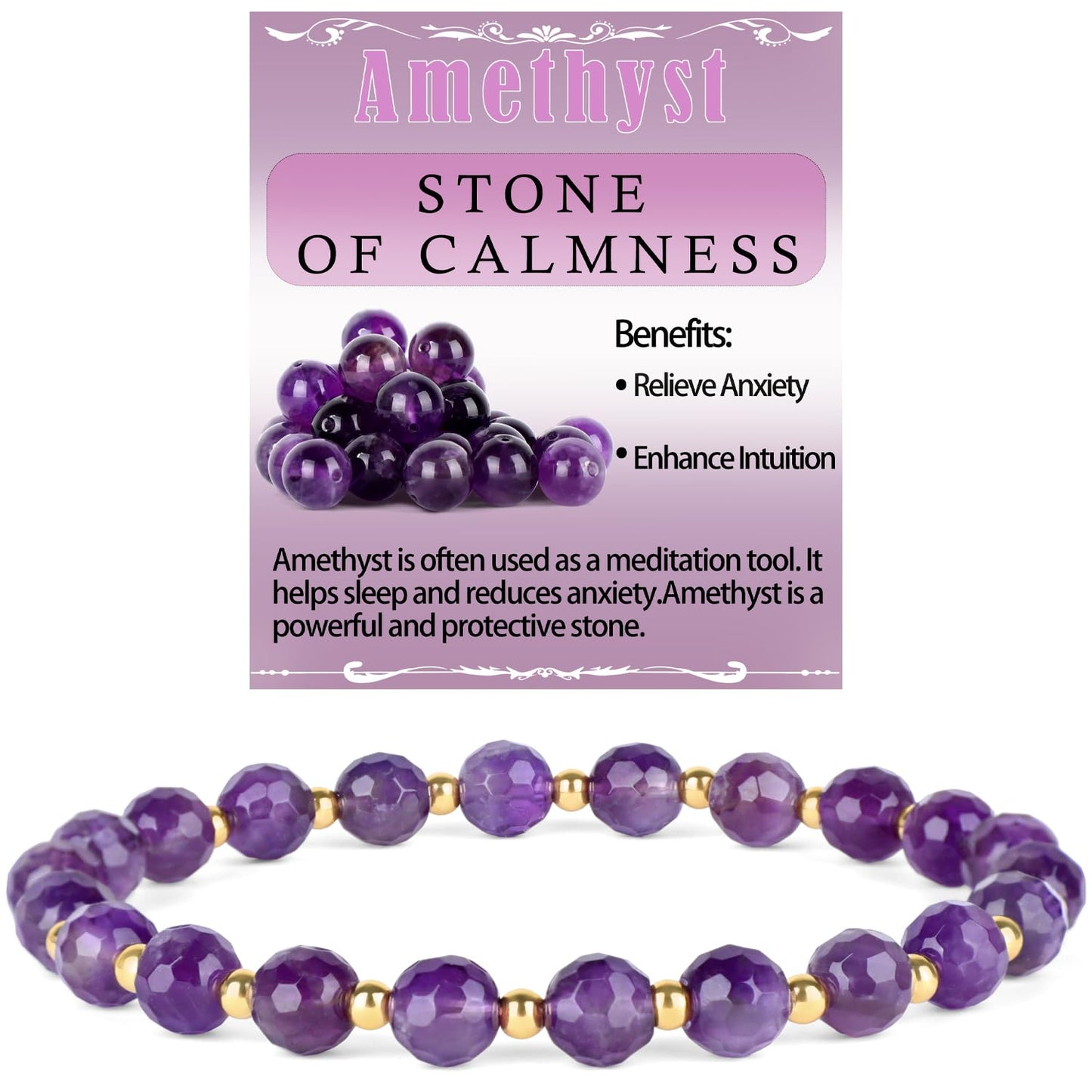 QOGIR Amethyst - Stone of Calmness - 14K Gold Plated Beads Natural Gemstone Stretch Elastic Dainty Healing Beaded Bracelets Gifts 6mm