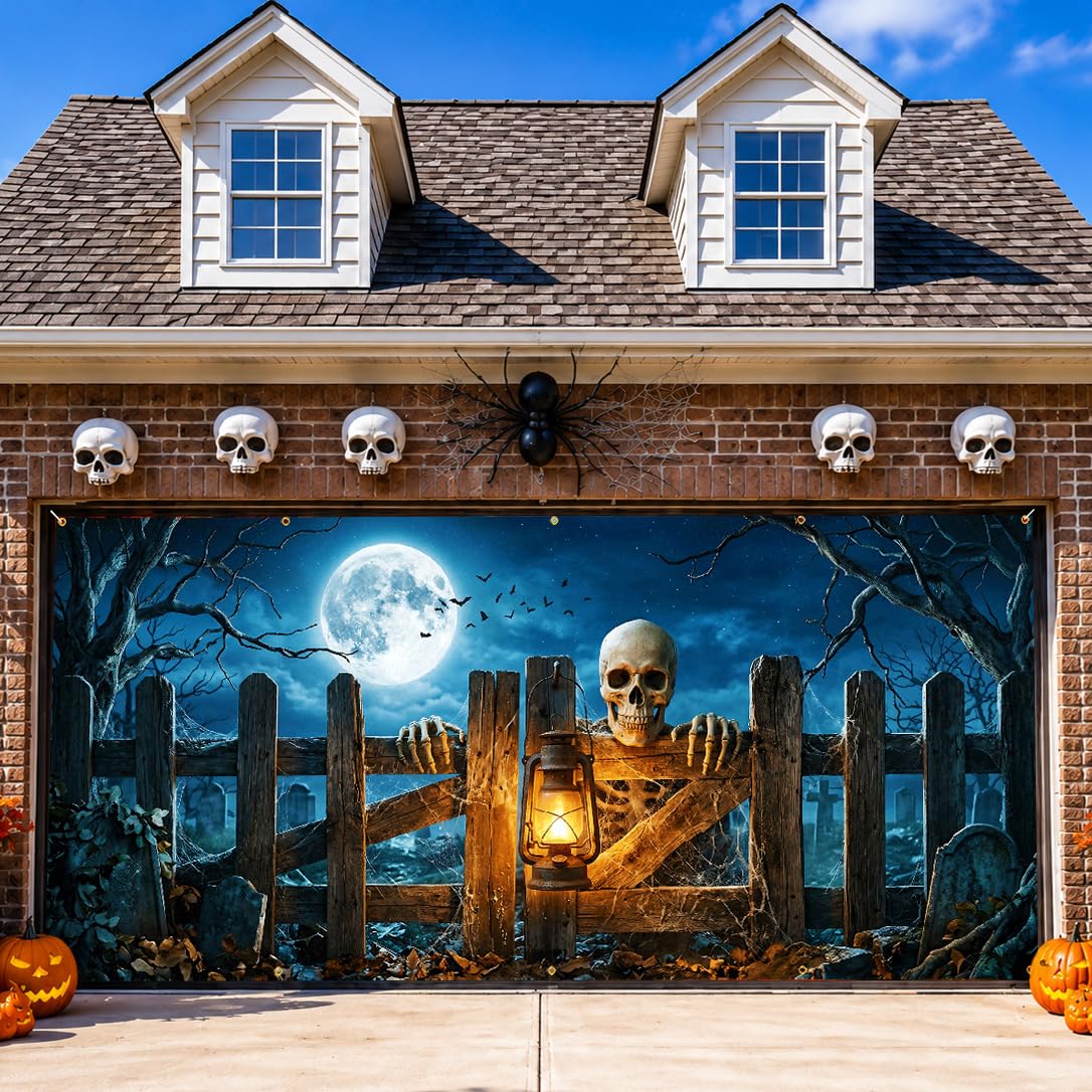 Halloween Garage Door Banner 157.5x70.9in Haunted House Graveyard Scene with Rope 393.7in & 10 Grommets Double Stitch Outdoor Garage Door Cover Halloween Garage Door Decorations Backdrop