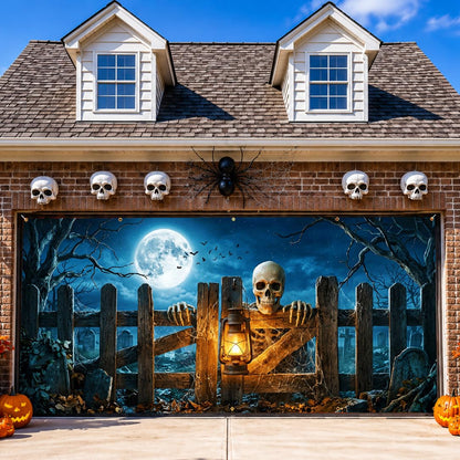 Halloween Garage Door Banner 157.5x70.9in Haunted House Graveyard Scene with Rope 393.7in & 10 Grommets Double Stitch Outdoor Garage Door Cover Halloween Garage Door Decorations Backdrop