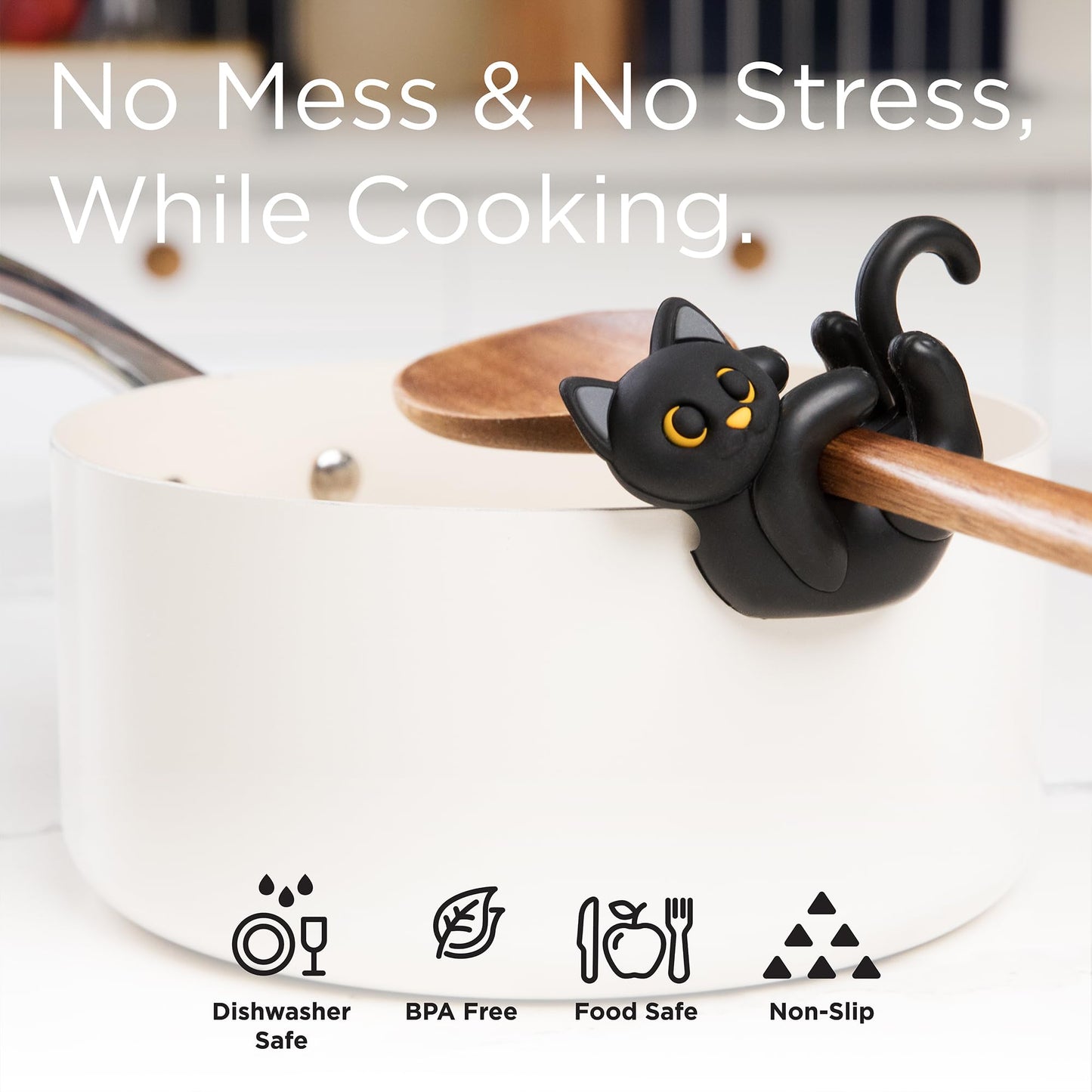 Black Cat Spoon Rest for Stove Top – Silicone Pot Clip Utensil Holder & Lid Lifter – Funny Kitchen Gadget, Unique Witchy Cat Gifts for Women & Halloween – 3" x 2.5"