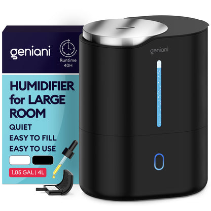 GENIANI Ultrasonic Cool Mist Humidifier for Bedroom, Large Rooms, Home, 4L - Easy Fill & Clean Humidifier for Plants w/Auto Shut-off, 40H Runtime - Quiet, Top Fill Air Humidifier