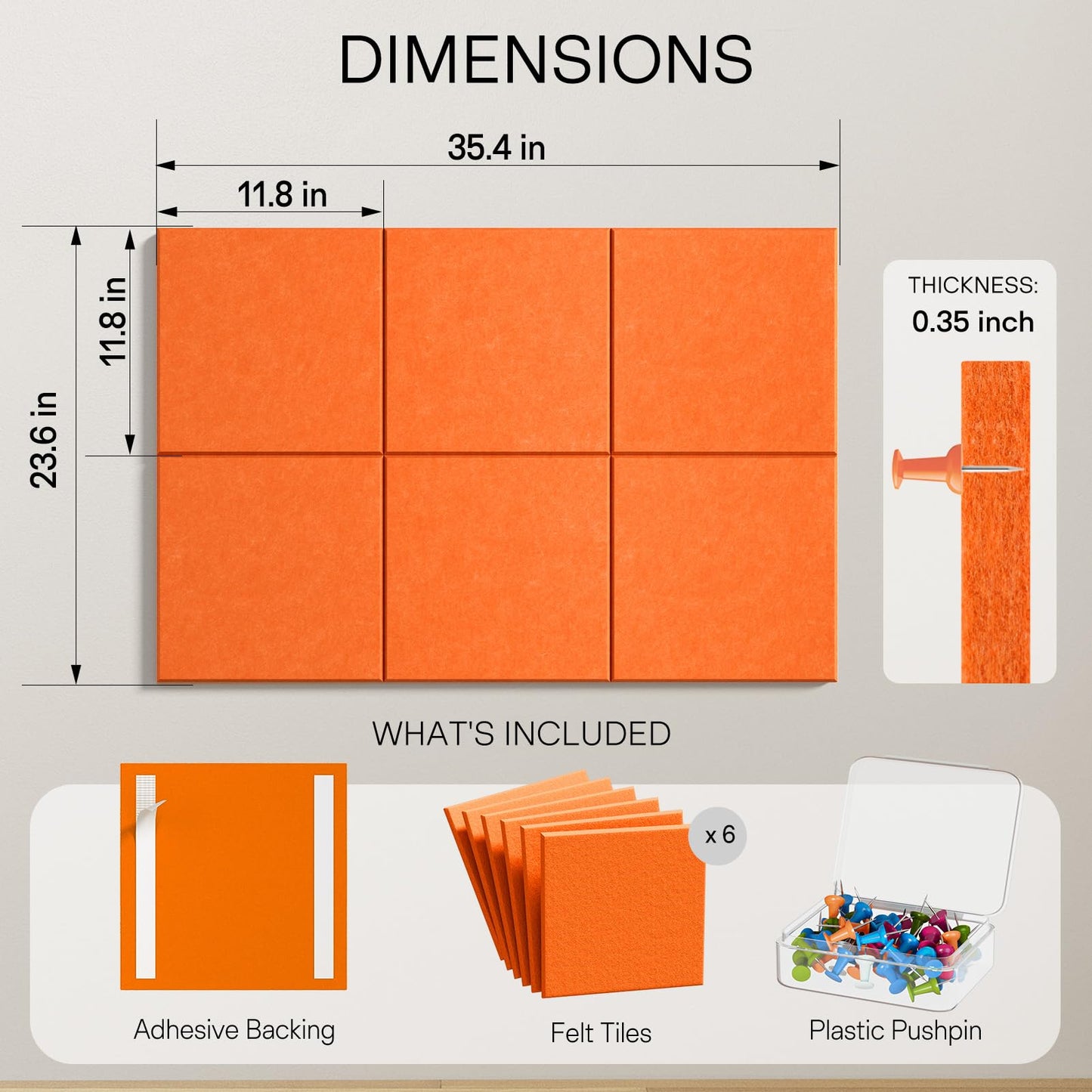 MaxGear Large Cork Board for Wall 36" x 24", Orange Bulletin Board, 6 Pack Felt Wall Tiles with Pushpins, Cork Boards for Office Push Pin Board Tack Board Felt Board