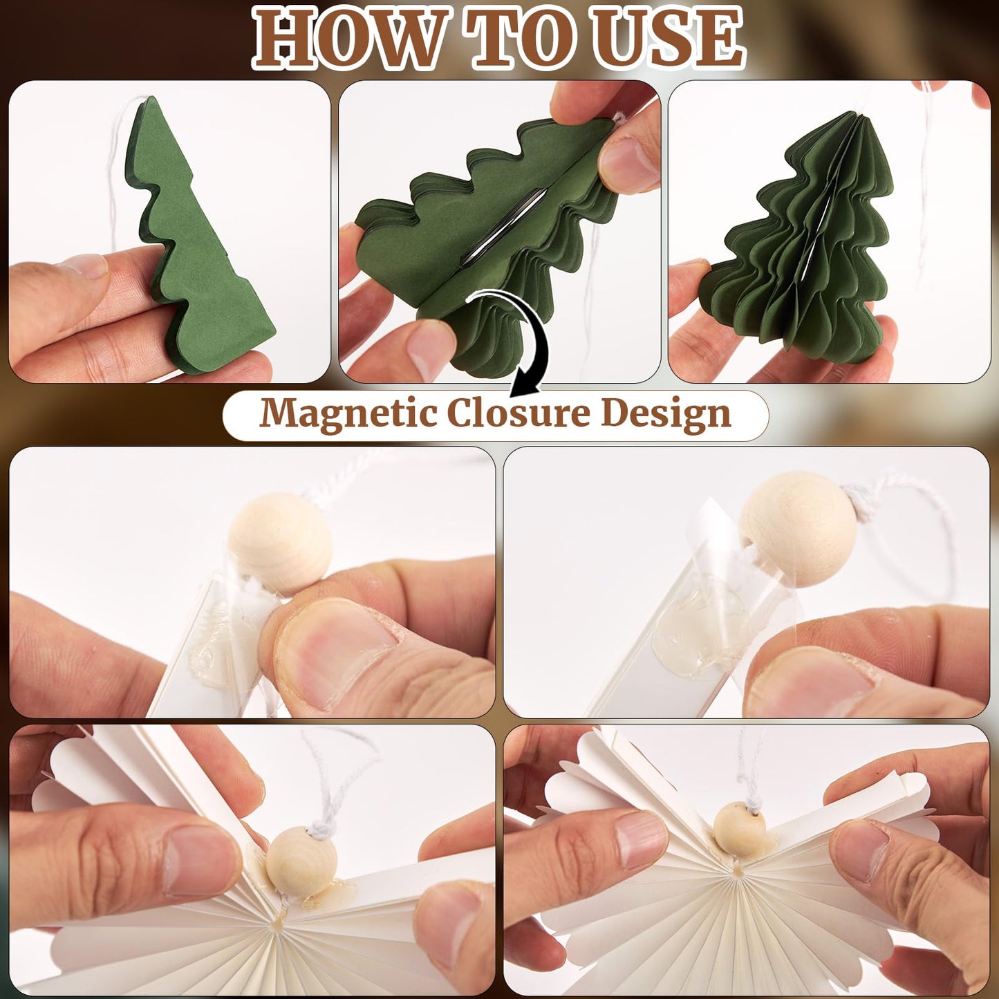 PAPER JAZZ Paper Ornaments for Christmas Tree,Angel Christmas Ornaments with Green Honeycomb Christmas Tree,Gold White Paper Snowflakes Hanging for Christmas Party,New Year,Wedding.