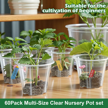 60 Pack Clear Nursery Pots with Drainage Holes, 3.5/4/5/6/7 Inch Clear Plastic Pots for Plants, Reinforced Transparent Nursery Pot with 60 Colorful Plant Labels 2 Garden Tools