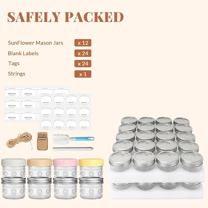 CycleMore 4oz Mason Jars, 12 Pack SunFlower Jar With Silver Separable Lids & Colorful Plastic Lids, Mini Canning Jars for Honey, Jam, Jelly, Wedding Favors, Kitchen Food Storage