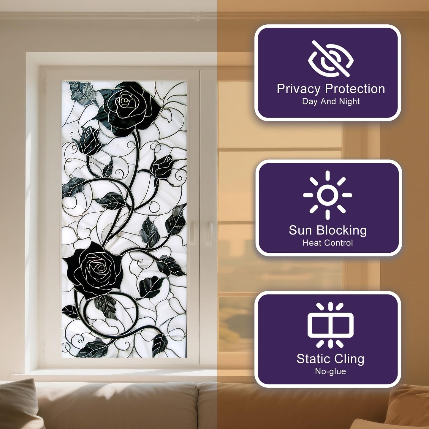 IVN Privacy Window Film Black Rose Vine Decorative Window Cling Stained Glass Style Static Cling Glass Sticker for Bathroom Entryway Kitchen Door Panel 17.7 x 39.3 Inch