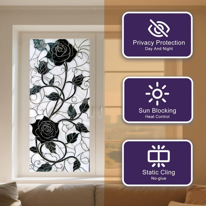 IVN Privacy Window Film Black Rose Vine Decorative Window Cling Stained Glass Style Static Cling Glass Sticker for Bathroom Entryway Kitchen Door Panel 17.7 x 39.3 Inch