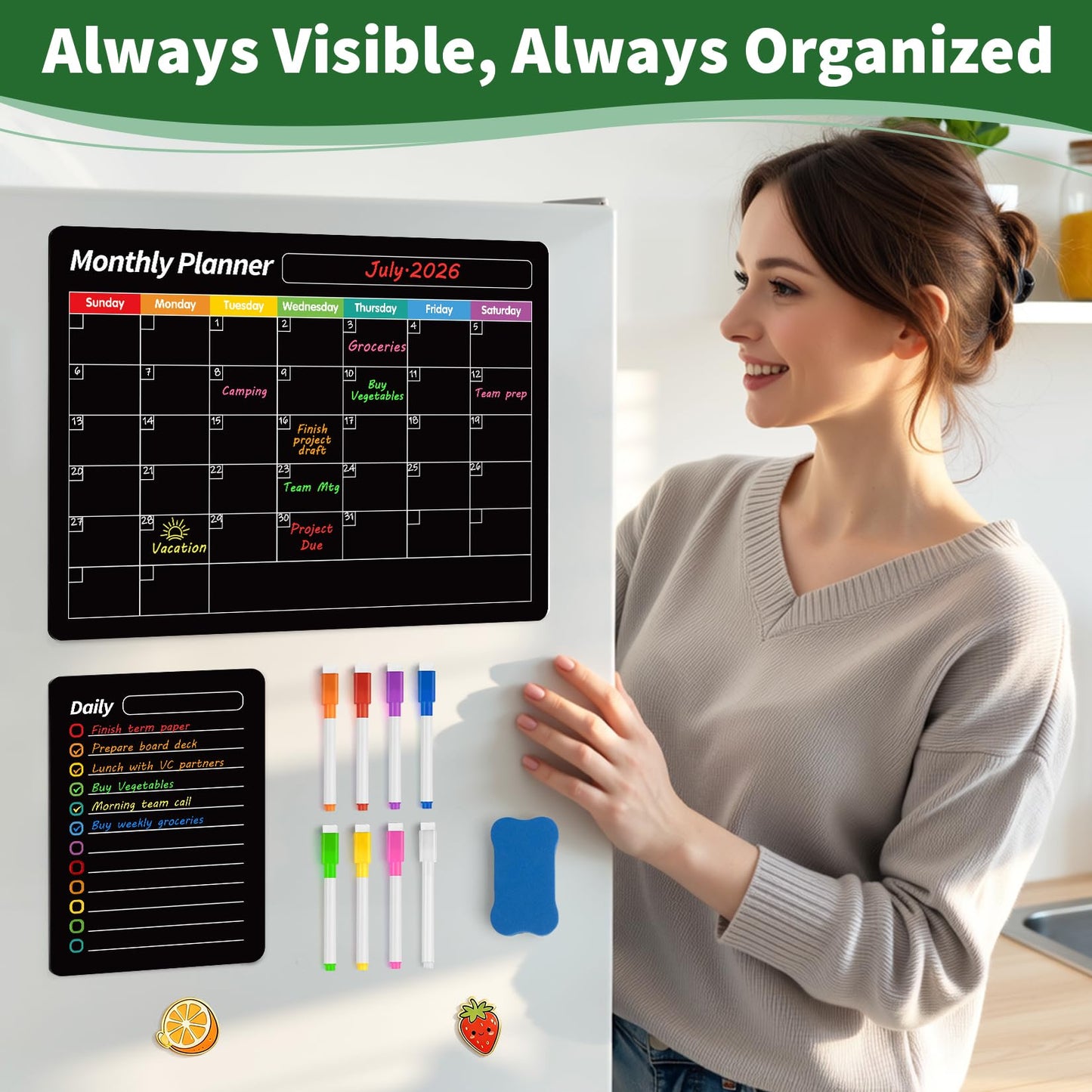 FINDMAG Magnetic Dry Erase Board, 16.5"x11.8" Magnetic Calendar for Planner 2026, Fridge White Board, Monthly Calendar for Fridge with 6 Markers & Eraser for Cleaning Schedule and Checklist