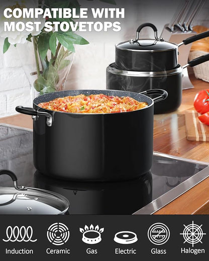 Cook N Home 8-Piece Nonstick Pot and Pan Set with Lid Induction Compatible | Cookware Set Includes Saucepan with Lid, Stockpot with Lid, Frying Pans, Black/Marble Cooking ware Non Stick