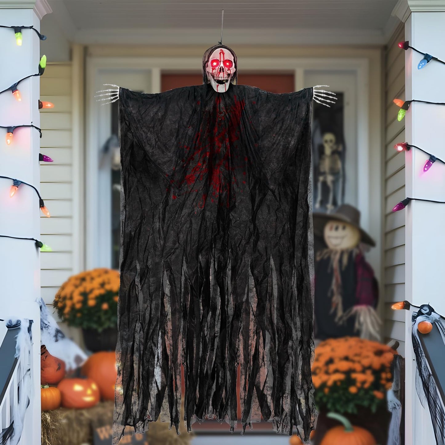 Kendane Halloween Decorations Outdoor and Indoor,67" Scary Hanging Ghosts,Halloween Grim Reaper Skeleton with Light-Up Eyes and Creepy Sound,Party Decorations for Yard,Haunted House Decor