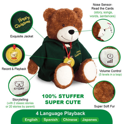 OPHAYA 20'' Techer Bear Talking Teddy Bear Stuffed Animal Plush Interactive Toy, Card-Activated 4 - Language Early Montessori Word Learning, Singing Storytelling Bear Toy for Kids