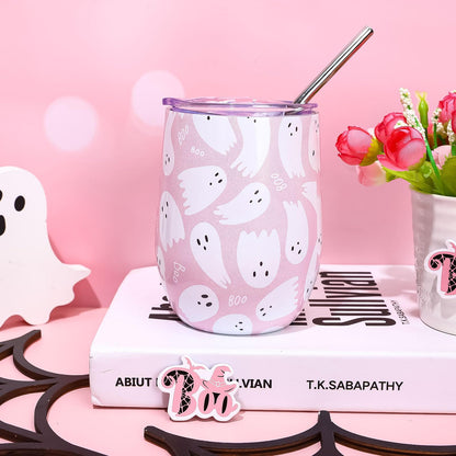 JarThenaAMCS Halloween Wine Tumbler with Straw and Lid Ghost Stainless Steel Travel Coffee Tumbler Mug for Women Girlfriend Besties Wife Lover Spouse Gifts