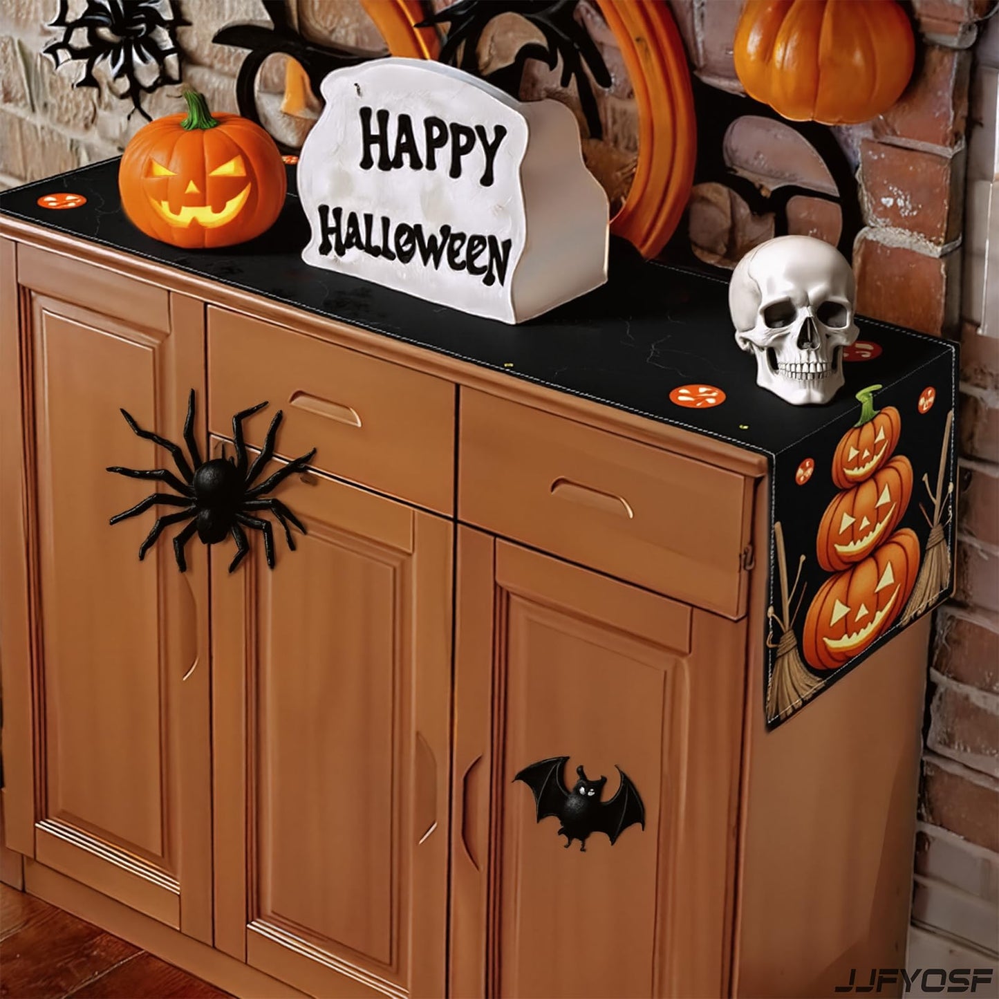 JJFYOSF Halloween Table Runner - Stacked Jack-O’-Lantern Pumpkins with Witch Broom Design, Spooky Pumpkin Dining Table Decoration for Halloween Party & Home Décor 13x72 Inch (Pumpkin & Broom)