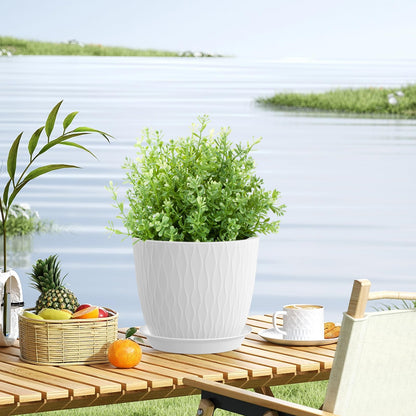 WSMKSZ 7 inch Plant Pots, 5 Pack Flower Pots with Drainage Holes and Saucers for Indoor Plants, Plastic Planters with Water Ripple for Small Garden House Plants, Nursery Pots for Succulent, White