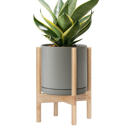 D'vine Dev Ceramic Planter with Natural Stand - 10 Inch Modern Round Flower Pot with Wood Planter Holder, Grey, 55-B-K-3
