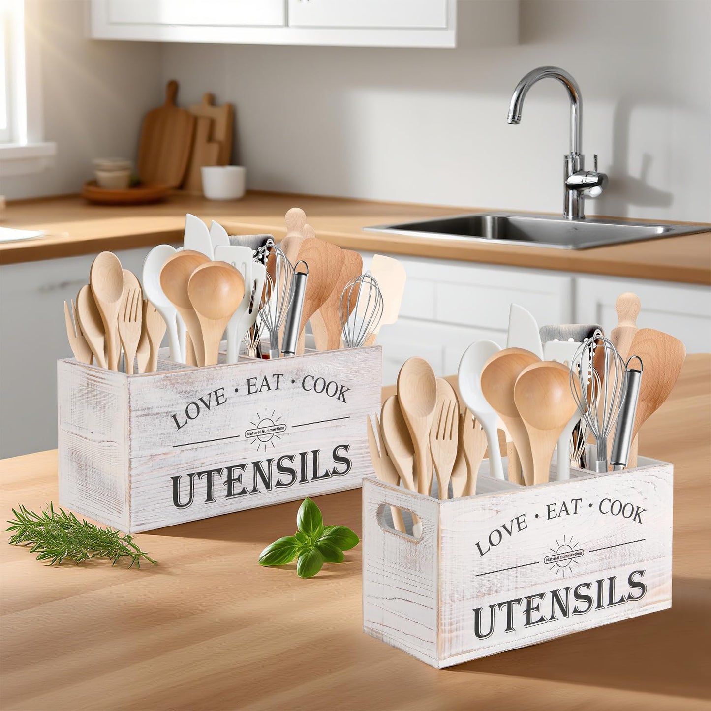 Natural Summertime 2 PC Wooden Utensil Holder,（With 4-Compartments size*1 + 3-Compartments size*1） Extra Large Kitchen Counter,Cooking Spatula Organizer,Farmhouse Decor, Rustic Cooking Utensil