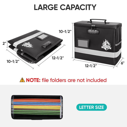 BALEINE Fireproof Document Box with Lock, Portable Fireproof Document Bag Waterproof Fire Proof File Boxes for Documents, File Organizer Box for Important Paperwork (Black, 12.5''x10.5''x6'')