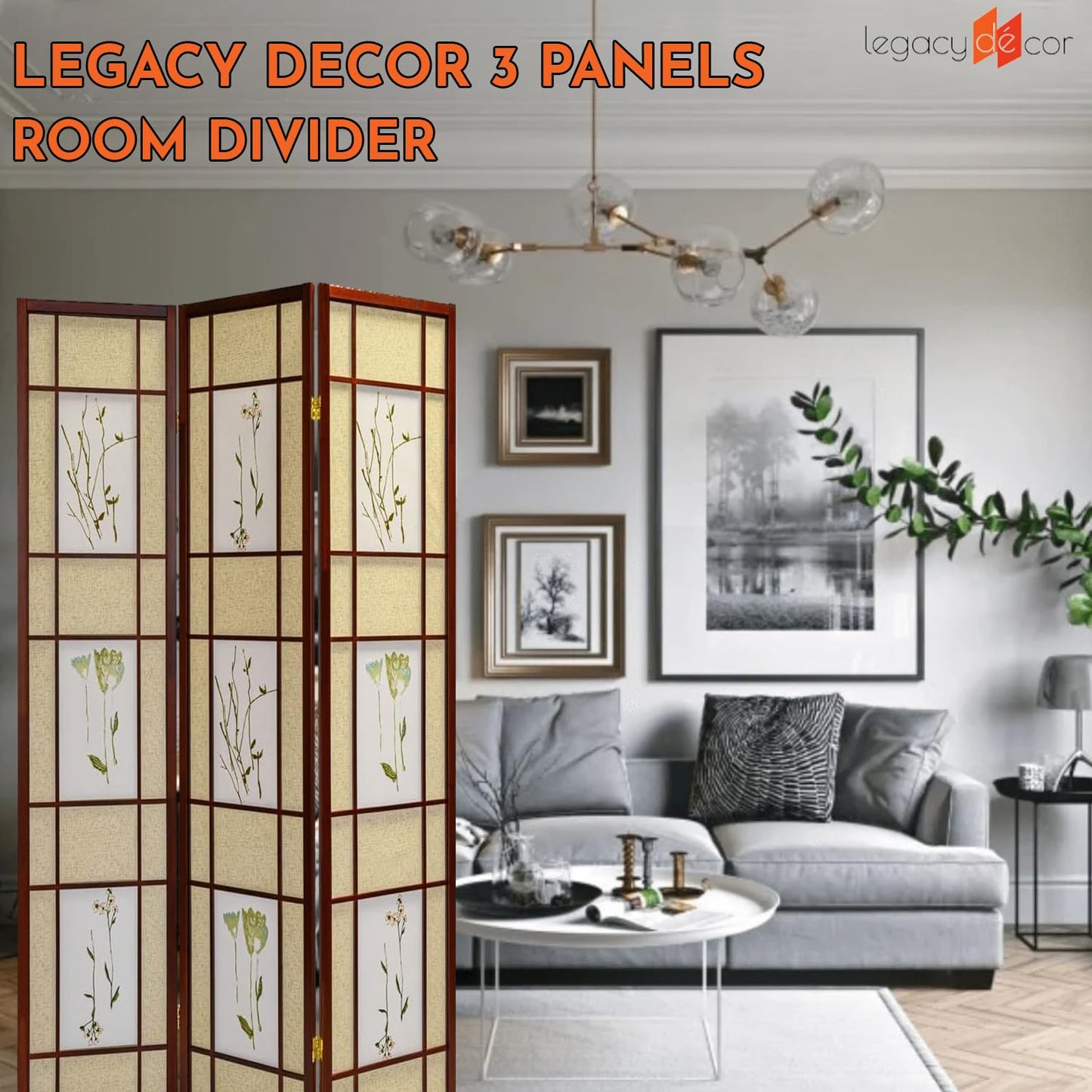 Legacy Decor Room Divider Screen - Freestanding Folding Privacy Screen, Pine Wood Indoor Room Partition, Botanical Floral Wall Divider for Bedroom, Office, Studio, 71 Inch Tall, Cherry - 4-Panel