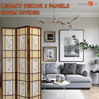 Legacy Decor Room Divider Screen - Freestanding Folding Privacy Screen, Pine Wood Indoor Room Partition, Botanical Floral Wall Divider for Bedroom, Office, Studio, 71 Inch Tall, Cherry - 4-Panel