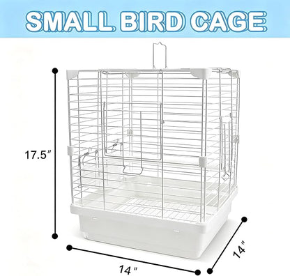 Small Bird Cage - 14x14x17.5 in Lightweight Travel Outdoor Birdcage for Parakeets, Budgies & Canaries and More Small Birds, Bird Carrier with Handle, Stand, Removable Tray, Portable for Hanging, White
