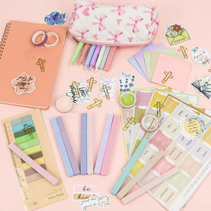 DRANSMIC Bible Study Supplies Journaling Kit with Pen Cas, Tabs, Notebook and No Bleed Highlighter, Aesthetic Book Annotation Kit, Christian Gifts for Women Grils Friends (Pink Pow)