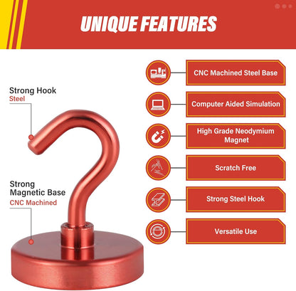 Neosmuk Magnetic Hooks Heavy Duty, Strong Magnet with Hook for Fridge, Super Neodymium Extra Strength Industrial Hooks for Hanging, Magnetic Hanger for Toolbox, Cruise, Grill(Red,4 Pack)