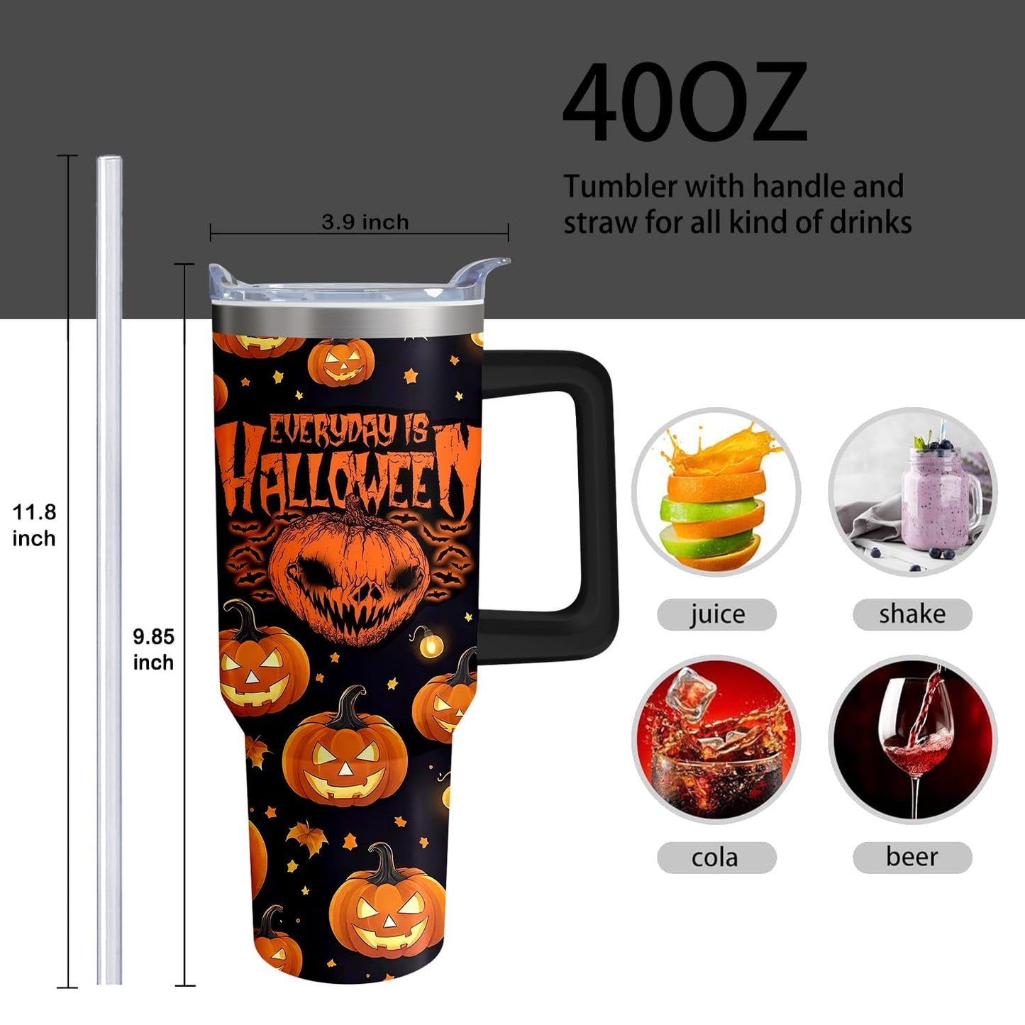 40oz Halloween Pumpkin Gift Fall Tumbler with Handle and straw, Horror Scary Spooky Stainless Steel Insulated Cup, Coffee Mug Water Bottle for Halloween