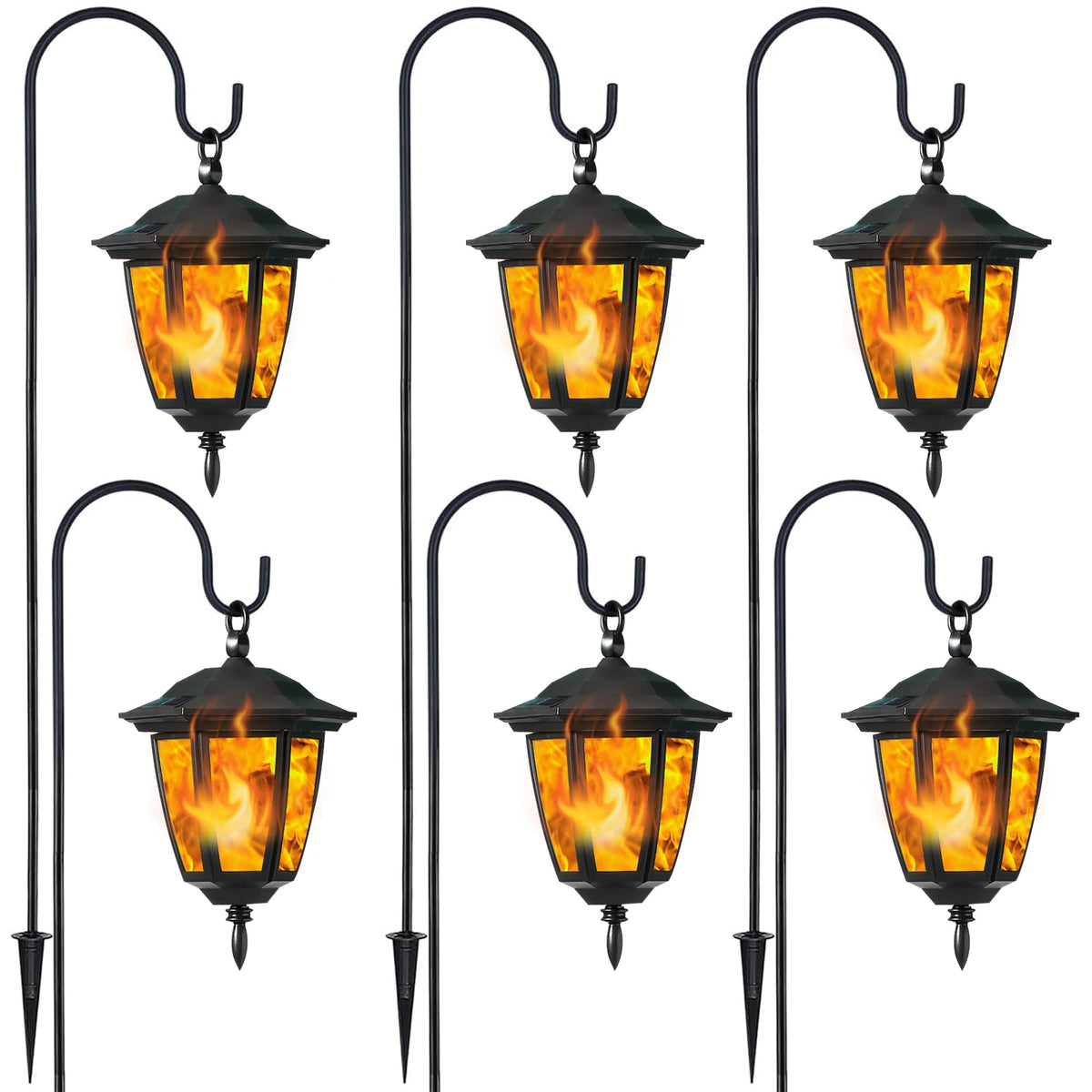 Dynaming 6 Pack Solar Flame Hanging Lights Outdoor, Halloween Solar Flickering Flame LED Garden Lanterns with 6 x 38 Inch Shepherd Hooks, Christmas Lighting for Lawn Patio Yard Pathway Driveway