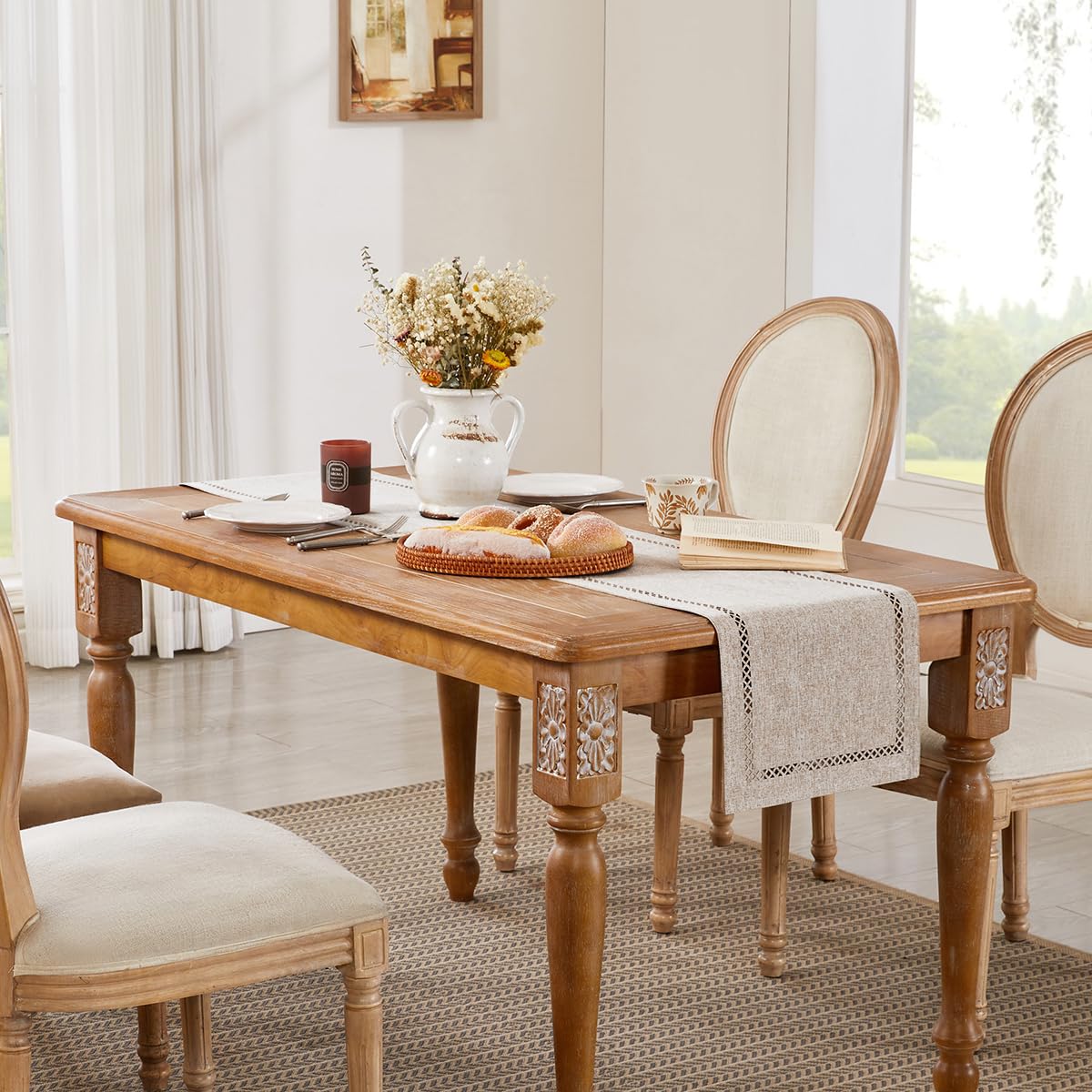 Aoztio Burlap Style Farmhouse Table Runner, 13 x 48 Inch Coffee, Rustic Geometric Hollow Table Runners 48 Inches Long for Dresser Table Everyday Use, 13x48 Inches, Coffee