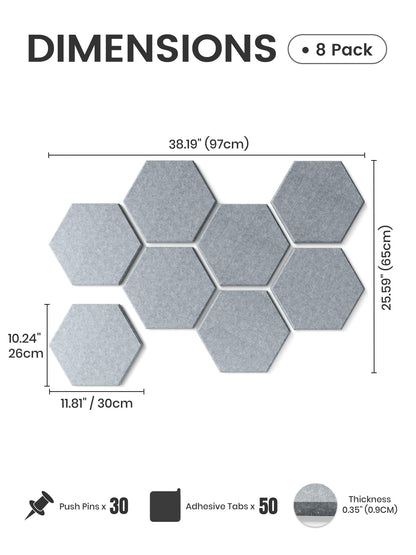 Fluxynara Hexagon Cork Board Alternative for Walls Decor-8-Pack Felt Bulletin Board Tiles,with 30 Pushpins,50 Adhesive Tabs for Office,Classrooms & Home Pin Board Felt Board-Blue Gray