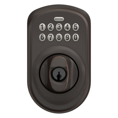 Schlage BE365 PLY 716 Plymouth Keypad Deadbolt, Electronic Keyless Entry Lock, Aged Bronze
