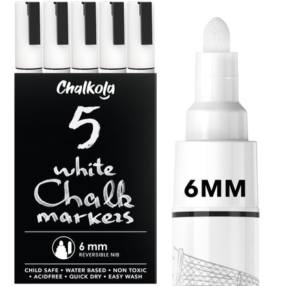 Chalkola White Chalk Markers for Blackboard, Chalkboard Sign, Window, Bistro, Car, Glass (5 Pack 6mm) - Liquid Chalkboard Markers Erasable - Paint Chalk Pens Washable Ink Reversible Tip
