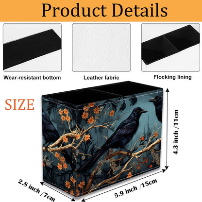VSHSEEOM Pen Holder for Desk, PU Leather Multifunctional Desktop Storage Box and Anti-Slip Mouse Pad Set, Makeup Brush Holder Pen Organizer for Office and Home - Branch Crow
