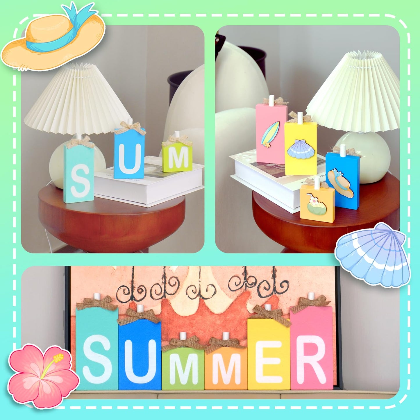 NYUWOAURC Summer Decorations for Home,6 Pcs Wooden Signs Letter Blocks,Rustic Farmhouse Summer Table Decoration Indoor,Double Sides Seasonal Decor Party Centerpiece For Tiered Tray Tabletop Shelf Desk Mantel