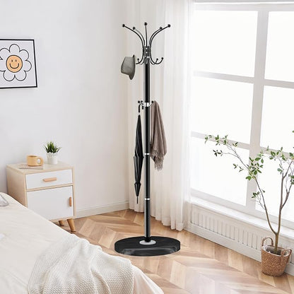 ZOZOE Metal Coat Rack Stand, Modern Coat Rack Freestanding with Natural Marble Base, 360° Rotary Design Coat Racks with 14 Hooks, Black Coat Tree Hanger Stand for Bags, Hats, Entryway, Office