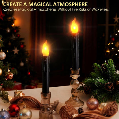 Floating Candles with Magic Wand Remote - 12 Pack Black Battery Operated Flickering Hanging Flameless LED Candle Lights,Realistic Taper Candles with String for Halloween,Christmas,Windows,Ceiling