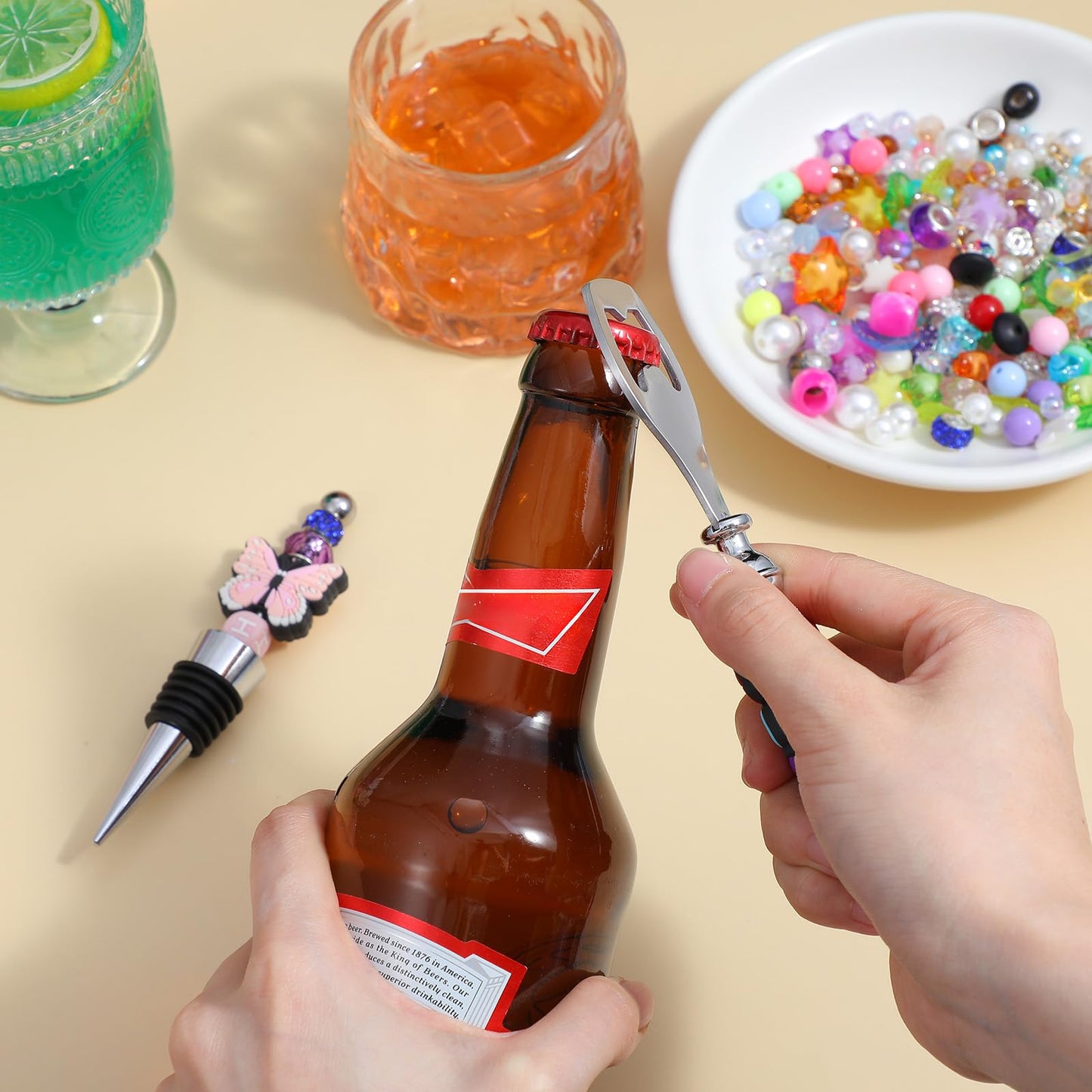 20 Pcs Beadable Wine Stoppers and Beadable Bottle Opener Set - 10 Reusable Decorative Wine Bottle Stoppers & 10 Alloy Openers for DIY Crafts, Wedding, Bar Party Favors, Holiday Gifts