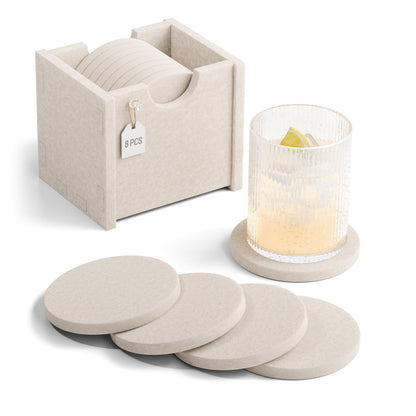 Fluxynara Felt Coasters for Drinks, Set of 8 Absorbent Coasters with Holder, Heat-Resistant & Reusable Round Design for Coffee Table & Living Room, 3.94 Inch, Oatmeal
