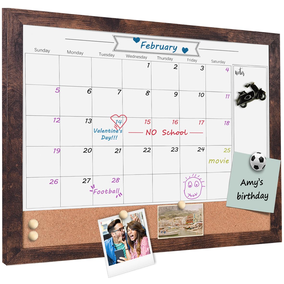 Dry Erase Calendar Whiteboard for Wall, Small Combination Magnetic Dry Erase White Board & Bulletin Board, 13" x 17" Walnut Brown Frame Calendar/Cork Combo Board(WB-3343)