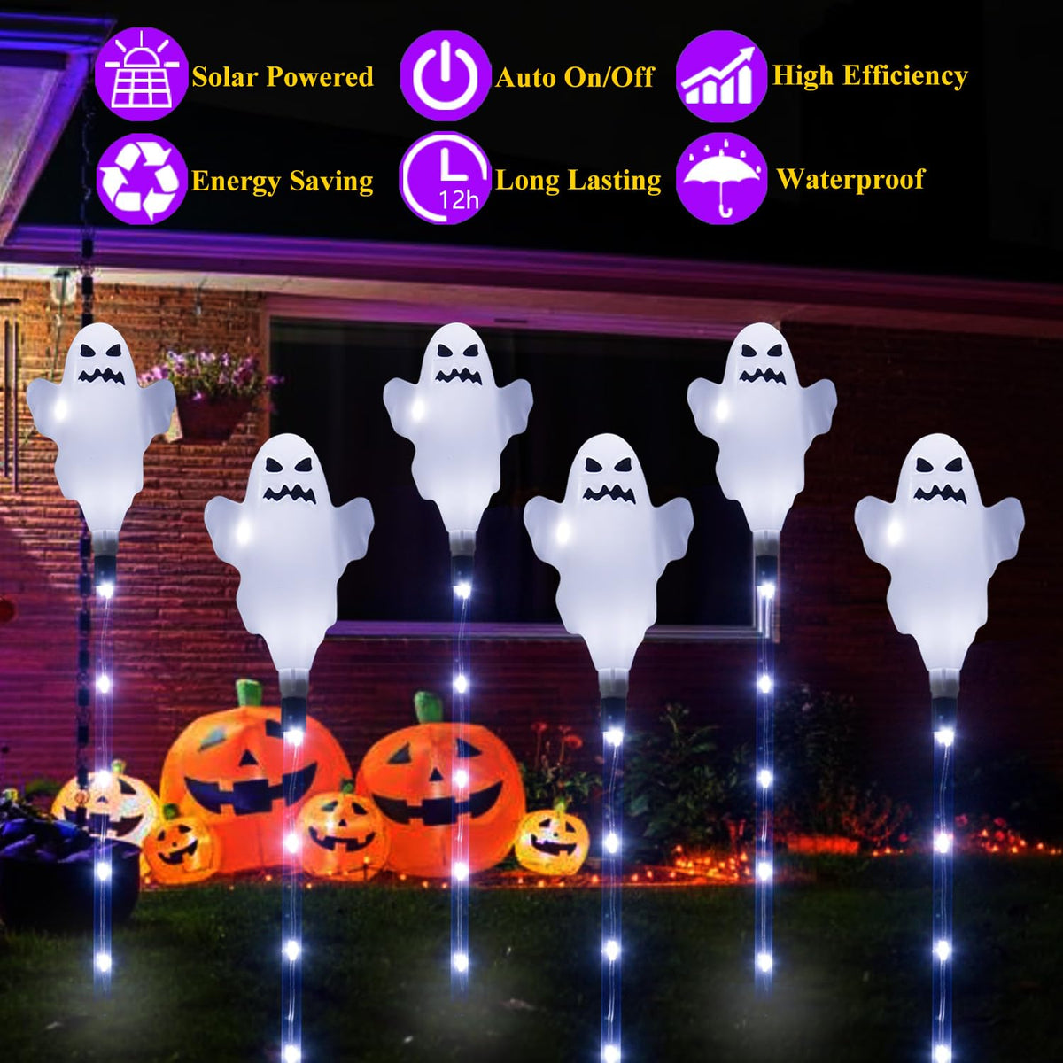 6 Pack Solar Halloween Ghosts Outdoor Decorations, Solar Halloween Lights Outdoor Waterproof, Pathway Lights for Outside Garden Patio Yard Lawn Party Walkway Grave Ghost Decor