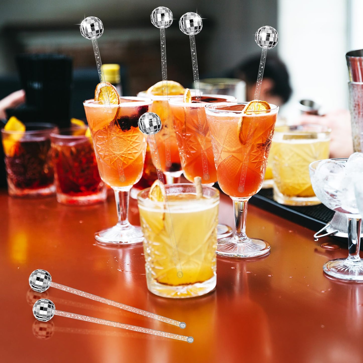 50 Pcs Disco Ball Cocktail Stirrers Plastic Round Top Swizzle Sticks Cake Pops Mirror Ball Coffee Beverage Stirrers for Home Bar Coffee Shop Use