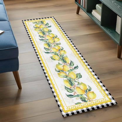 2'x6' Runner Rug, Yellow Lemon Washable Non-Slip Area Rugs for Hallway Kitchen Floor Bedroom Entryway, Summer Botanical Black White Plaid Pastoral StainResistant Laundry Carpet Decoration Indoor Mat