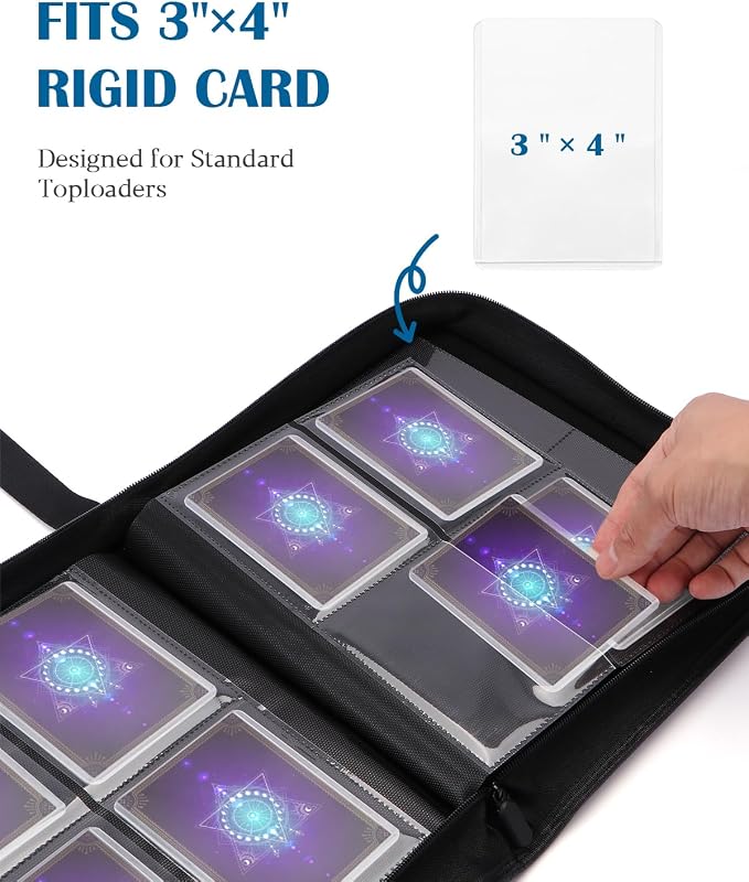 Top Loader Binder 4 Pocket for 144 Toploaders, Side Loading Toploader Binder for 3 x 4'' Rigid Cards with Zipper Closure, PU Leather Ringless 2x2 Card Binder for MTG/TCG/Sports/Games, Black