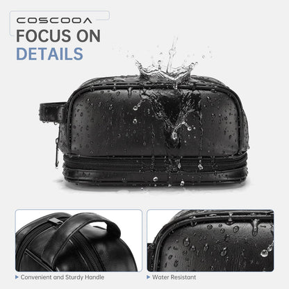 COSCOOA PU Leather Toiletry Bag for Men, Water Resistant Mens Hanging Toiletry Travel Makeup Bag, Travel Essentials Shaving Bag with Large Capacity Suitable for Bathroom Settings, Black