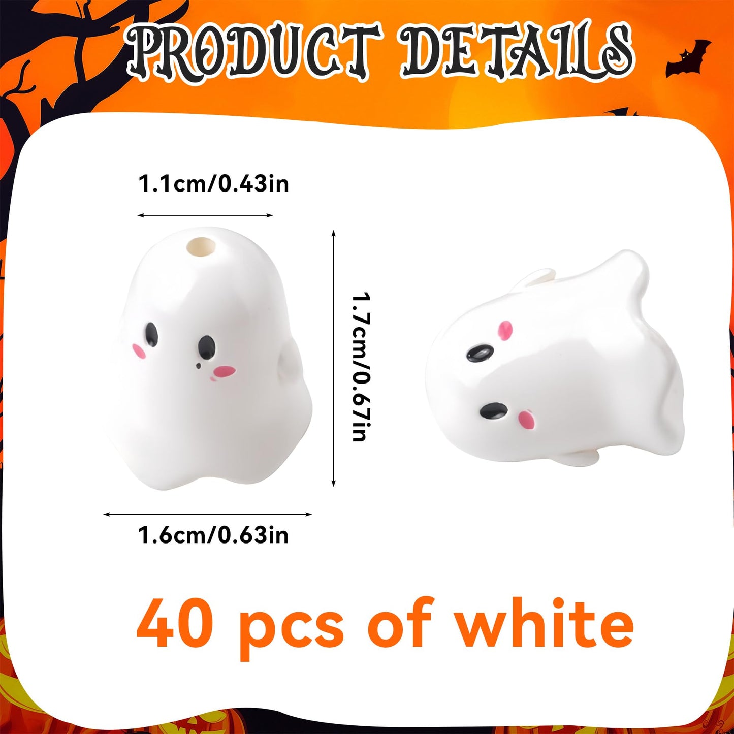 40 Pcs Halloween Ghost Beads Bulk, Cute Cartoon Acrylic Spooky Shaped Focal Beads for Jewelry Making Pens Bracelets Craft Supplies