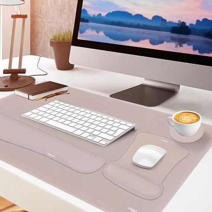 MOSISO Keyboard Mouse Pad Set, Large Gaming Mousepad&Keyboard Wrist Rest&Mouse Wrist Rest&Coaster, Ergonomic Non-Slip Mousepad&Easy Typing Cushion with Memory Foam for Home Office, Taupe Brown
